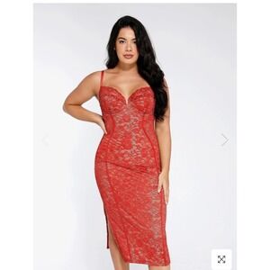 Popilush Red Built-In Shapewear Lace Slip Midi Dress Size M NWT